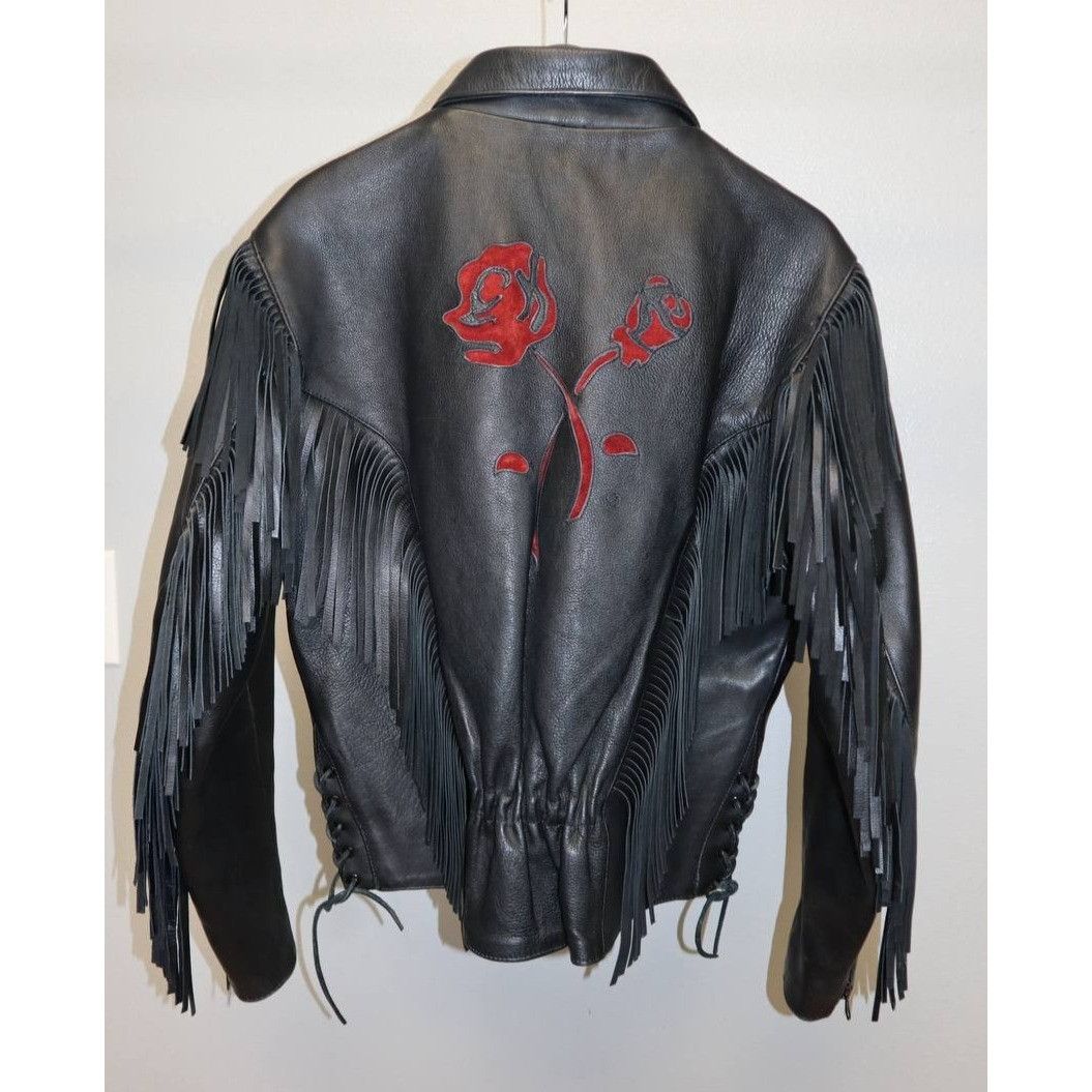 Vintage Vintage Black Leather Fringe Jacket w/ Red Rose Embroidery Size M / US 6-8 / IT 42-44 - 4 Thumbnail