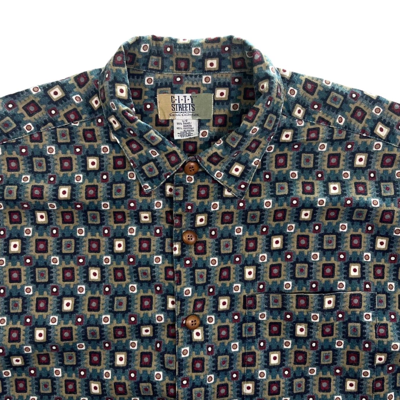 Vintage VINTAGE City Streets Shirt 90s Ramie Cotton Blue Large XL Button-Up Short Sleeve Patterned Abstract Mens Men’s 90s Theme Size US L / EU 52-54 / 3 - 3 Thumbnail