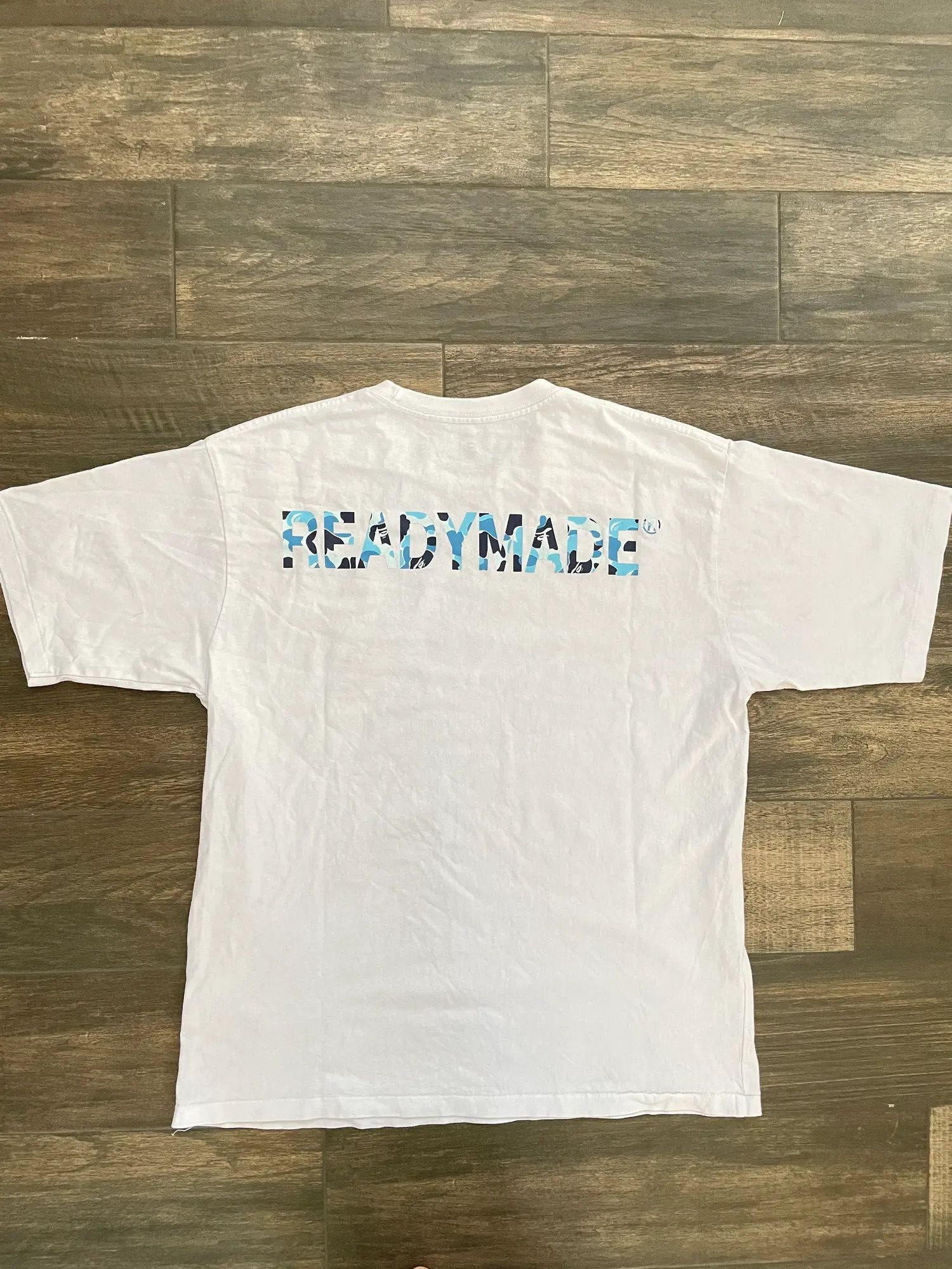 image of Bape x Readymade Blue Camo Logo Tee in White, Men's (Size Large)