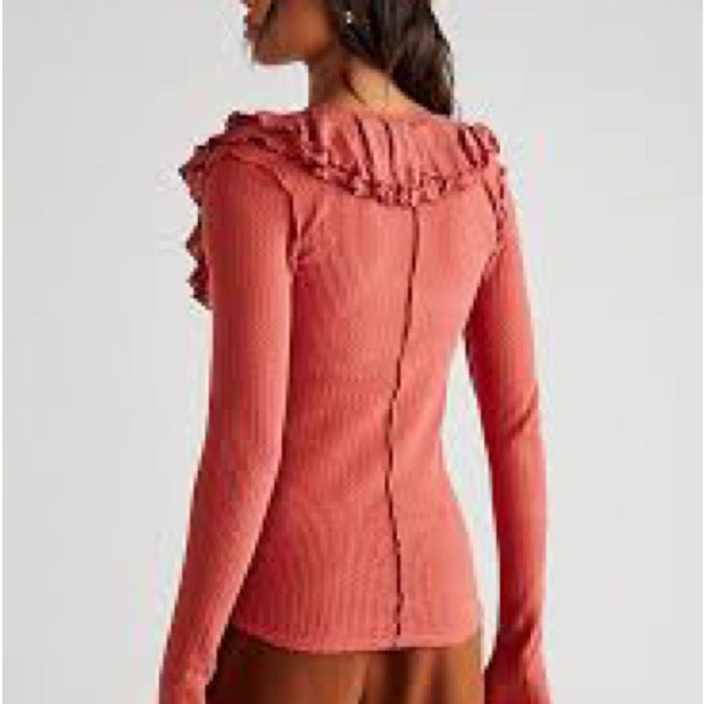 Free People New Free People Bennet Ruffled Long Sleeve Terracotta Top S Size XS / US 0-2 / IT 36-38 - 2 Thumbnail