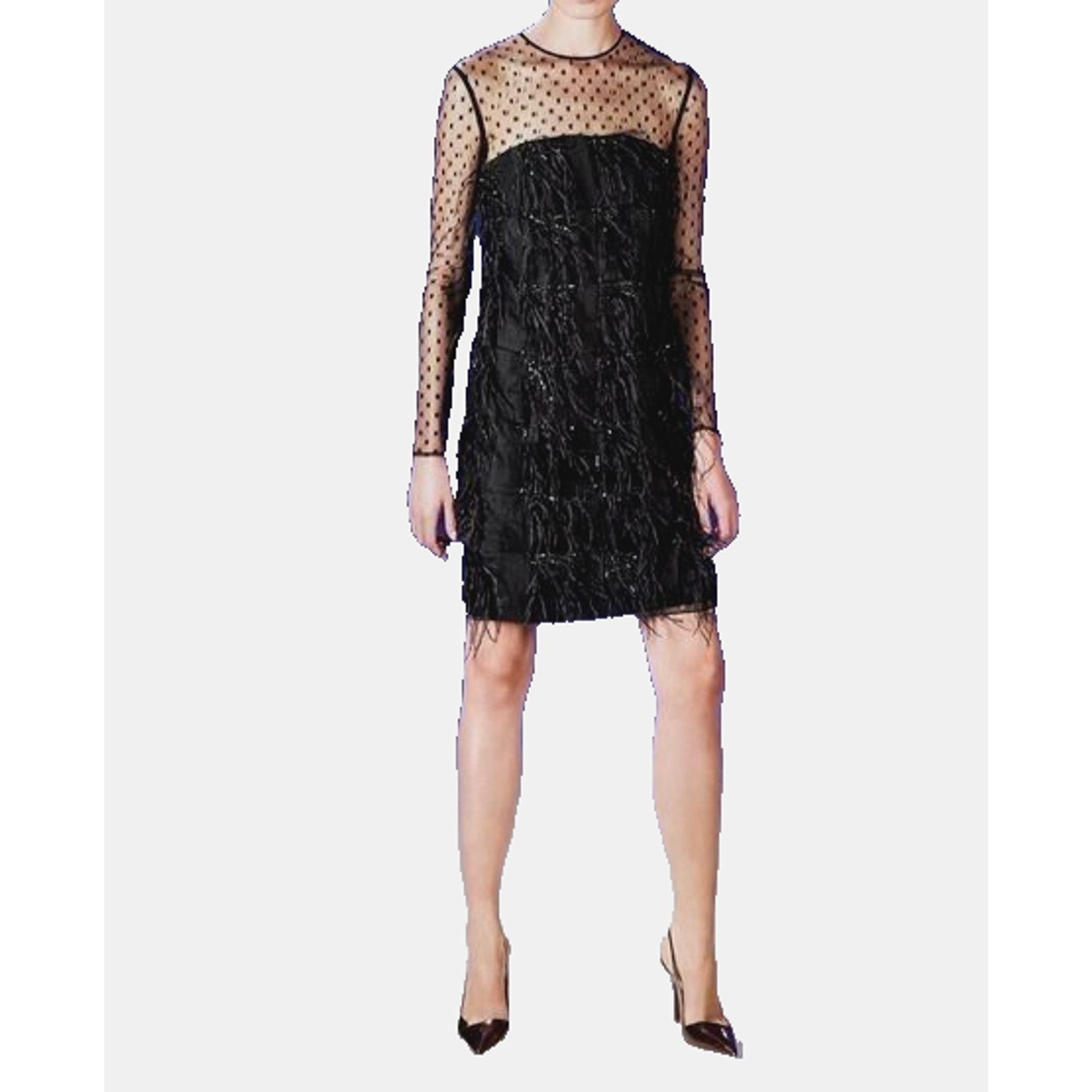 Escada ESCADA Black Mesh Top Sleeves Ostrich Feather Dress 36 $2500 Size XS / US 0-2 / IT 36-38 - 2 Thumbnail