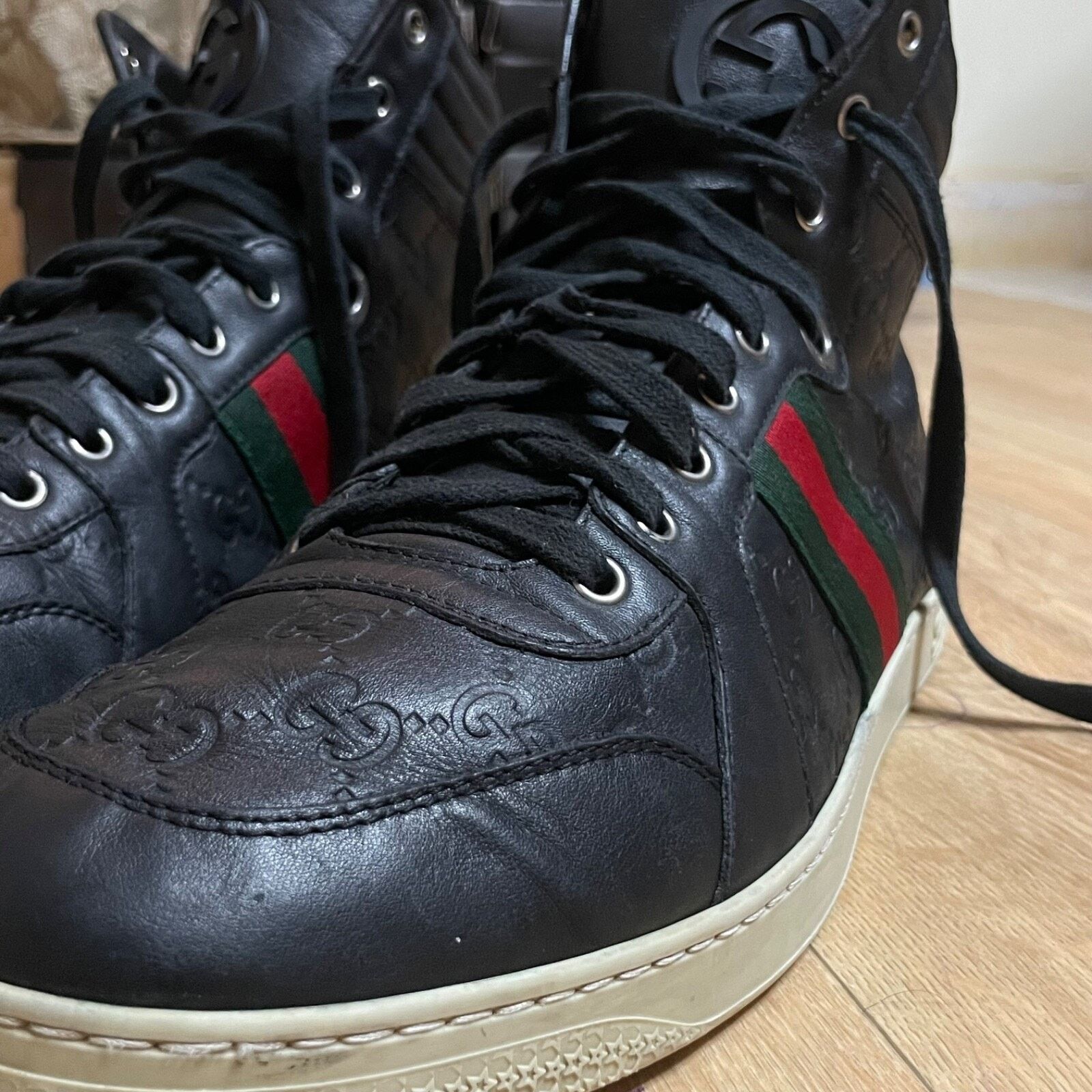 Gucci GUCCI Sneakers GG Web Dapper Black Leather High Top Monogram Size US 12 / EU 45 - 2 Thumbnail