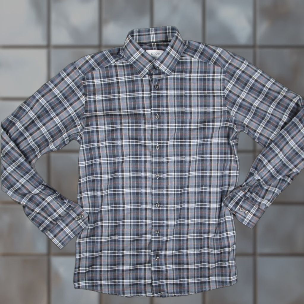 Eton Eton Contemporary Fit Dress Shirt Mens 15.5 41in Cotton Twill Plaid Blue Grey Orange Multicolor Long Sleeve Button-Down Spread Collar Mens Size 42R - 1 Thumbnail
