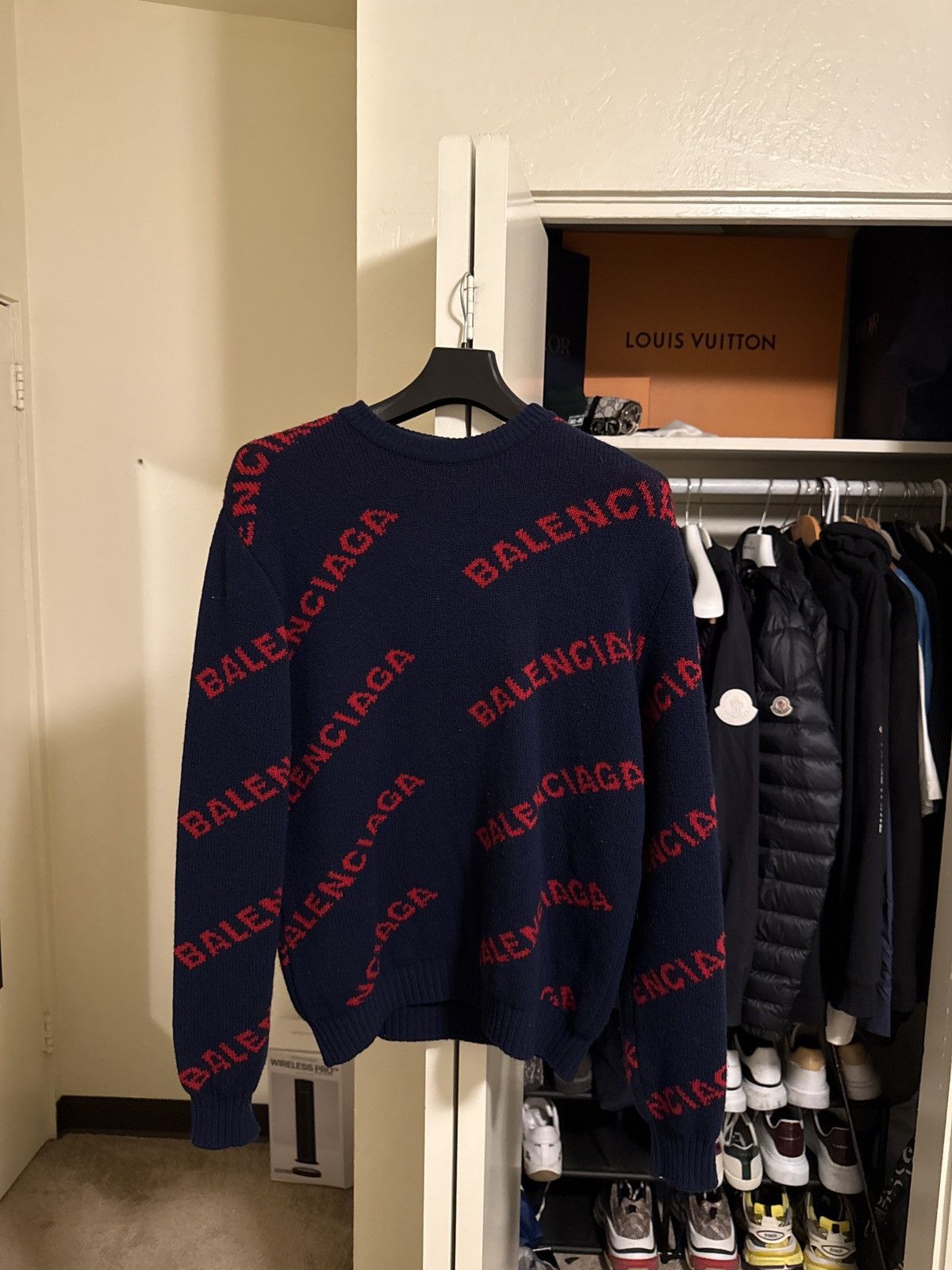 Balenciaga Balenciaga Allover Logo Intarsia Knit Sweater — Navy/Red Size US M / EU 48-50 / 2 - 3 Thumbnail
