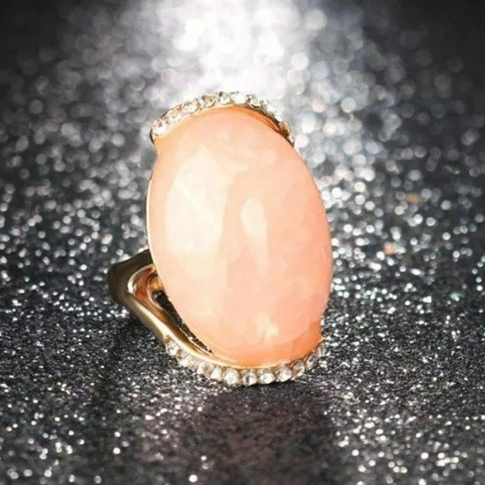 Designer Big Oval Pink Epoxy Mosaic Antique Gold Vintage Ring Size ONE SIZE - 6 Thumbnail