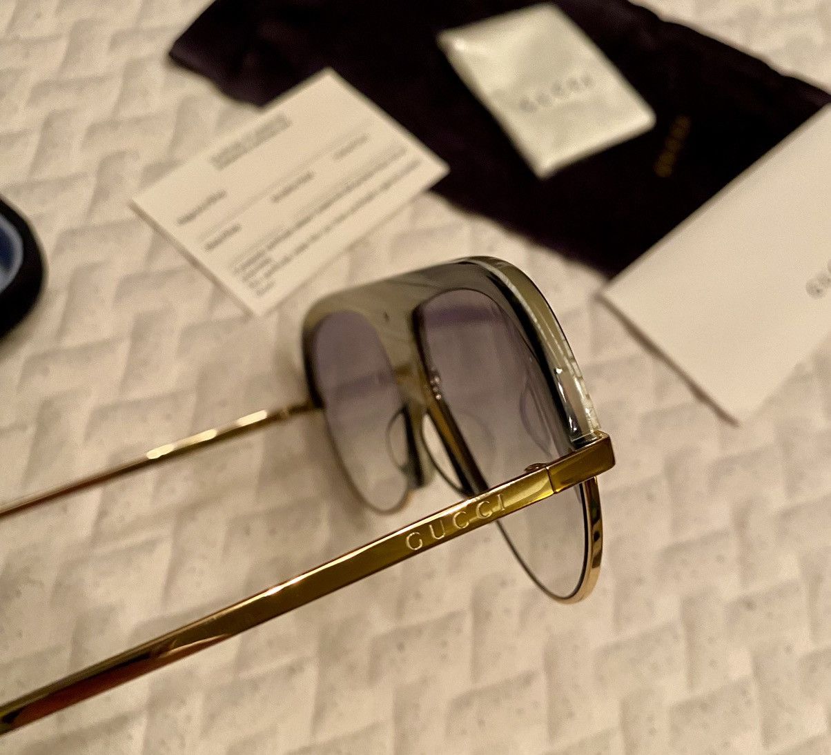 Gucci Gucci 🇯🇵 Grey/Moss Resin Amber GG Inlay Bridge Metal Gold NEW Size ONE SIZE - 4 Thumbnail