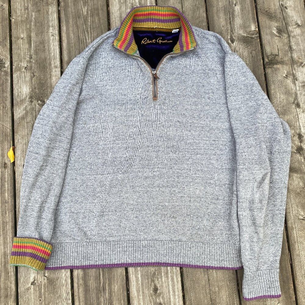 Robert Graham Vintage 100% Wool Robert Graham Stretch Knit 1/4 Zip Sweate Size US XL / EU 56 / 4 - 2 Thumbnail