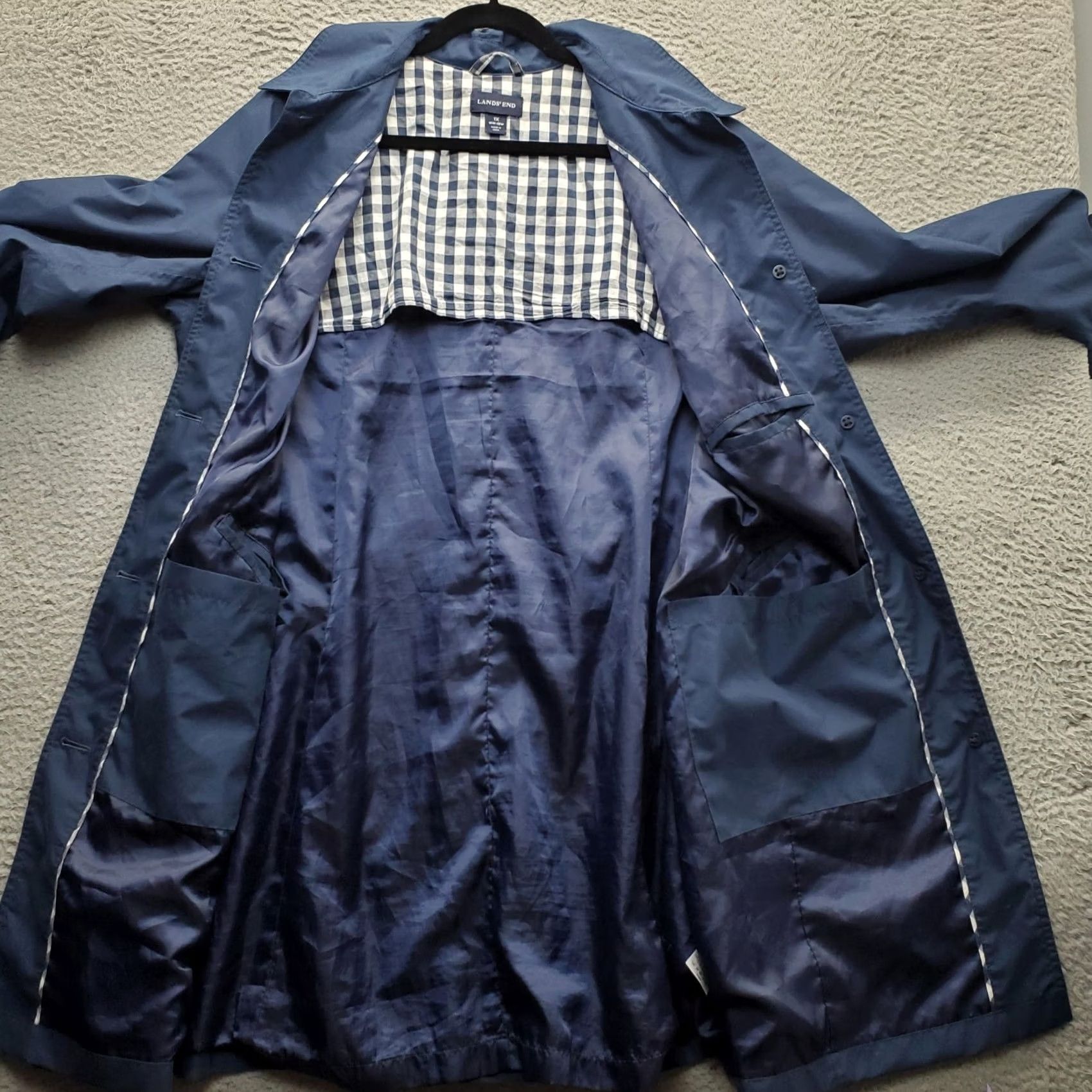 Lands' End Lands' End Trench Coat Womens 1X Navy Gingham Lined Vented Collar Button Front Size XL / US 12-14 / IT 48-50 - 7 Thumbnail