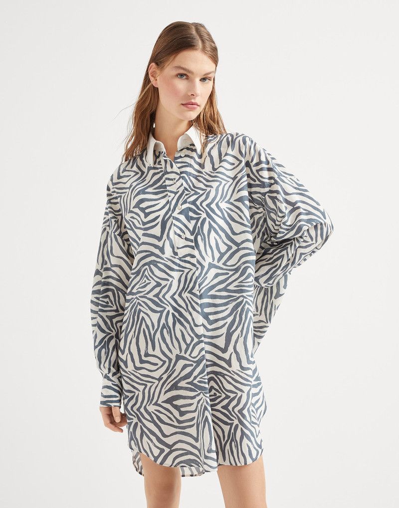 Brunello Cucinelli o1la1rc1a0326 Ethnic Print Poplin Shirt Dress in White/Blue Size XL / US 12-14 / IT 48-50 - 1 Thumbnail