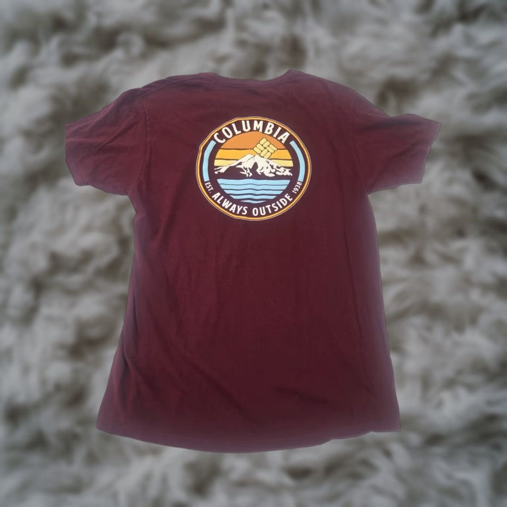 Vintage Columbia T-Shirt Mountain Graphic Maroon Mens Large Crew Neck Short Sleeve Cotton Double-Sided Regular Shirt Size US L / EU 52-54 / 3 - 1 Thumbnail