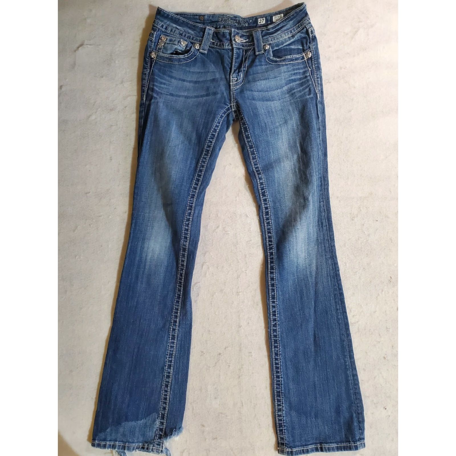 Miss Me VINTAGE: MISS ME Jeans 27/34 Bootcut Blue Leather Embroidered Rhinestone Studded Distressed Pockets 32in Inseam Womens Jeans Mens? Size 27" / US 4 / IT 40 - 2 Thumbnail