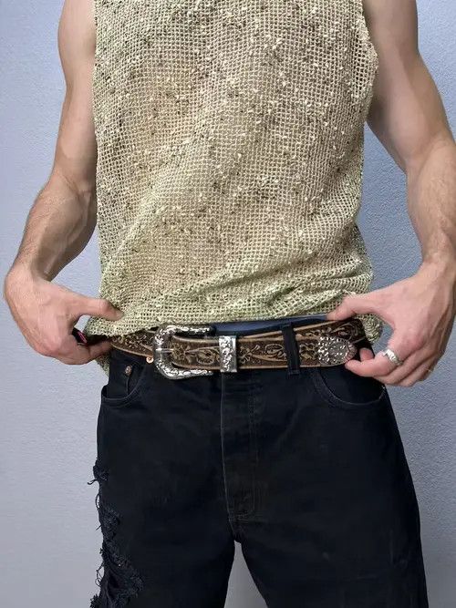 Handmade × High Sport Belts Vintage Y2K Avant-garde Distressed Leather Metal Belt Size ONE SIZE - 2 Thumbnail
