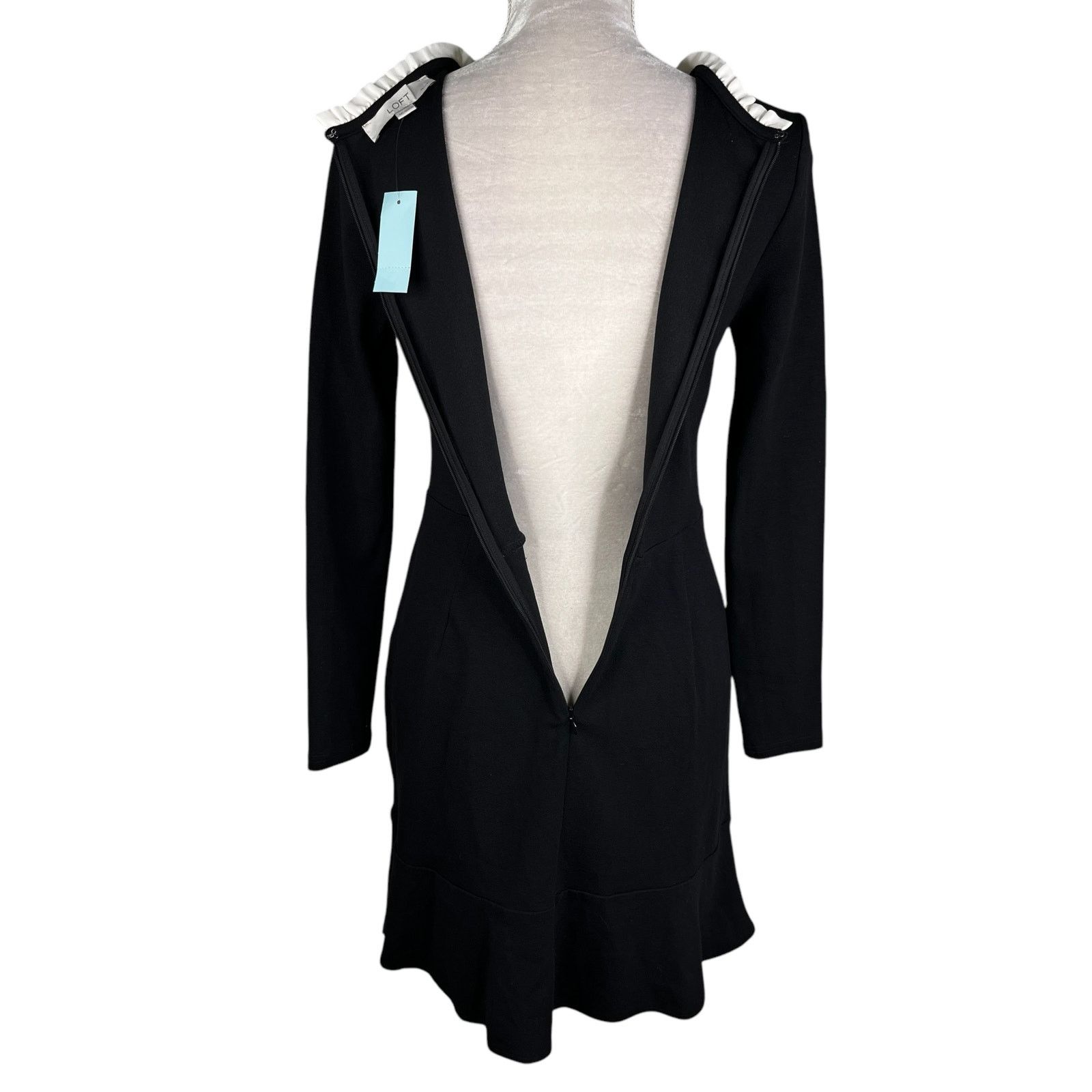 Loft Dress Black 4P Petite Stretch LBD Ruffle Neck LS New