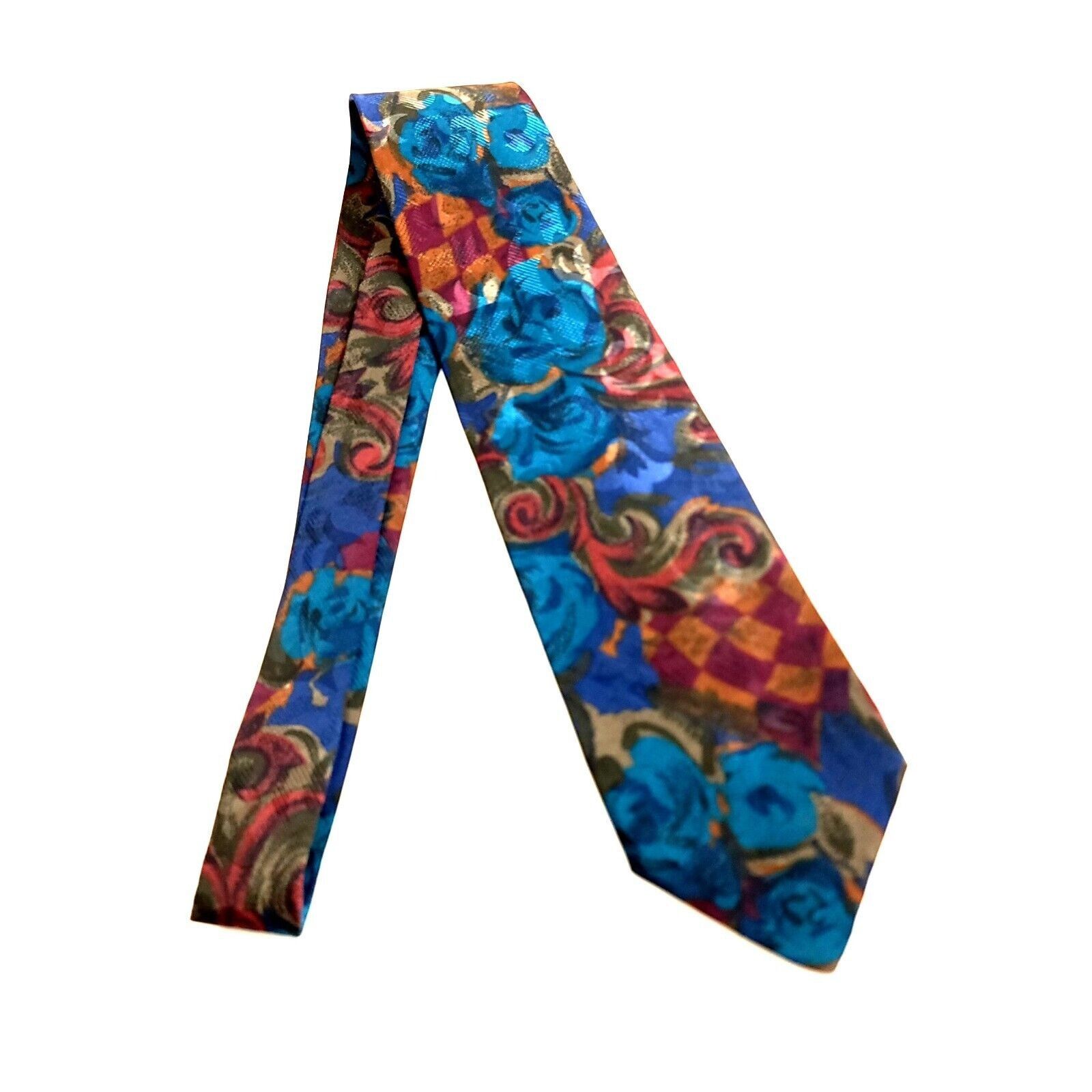 Vintage Royal Knight Blue Red Baroque Jacquard Print Short Silk Tie Size ONE SIZE - 5 Thumbnail