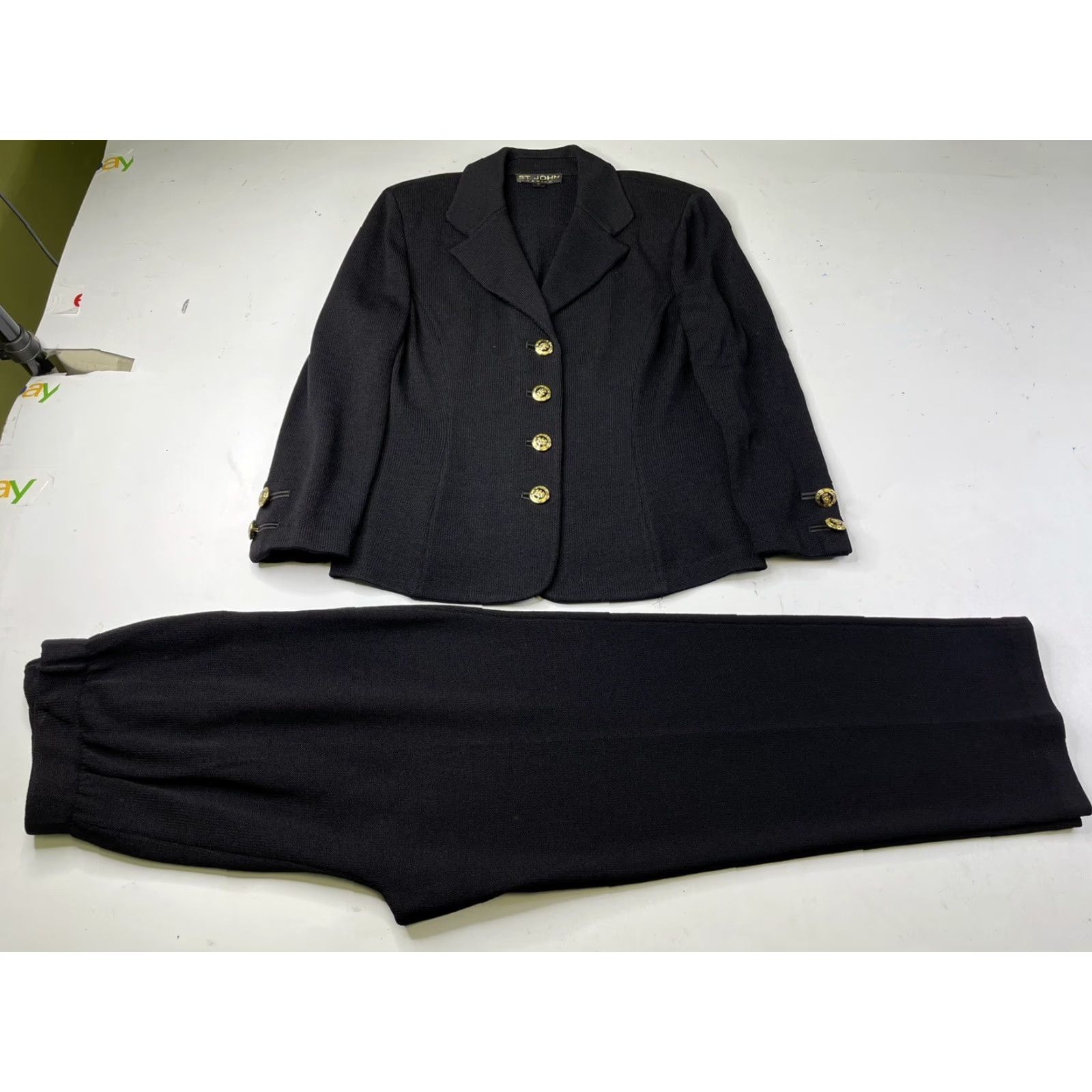 St. John St. John Basics 2Pc Jacket/Blazer & Pant Suit Black Knit Gold Buttons Size 12 Size 34" / US 12 / IT 48 - 2 Thumbnail