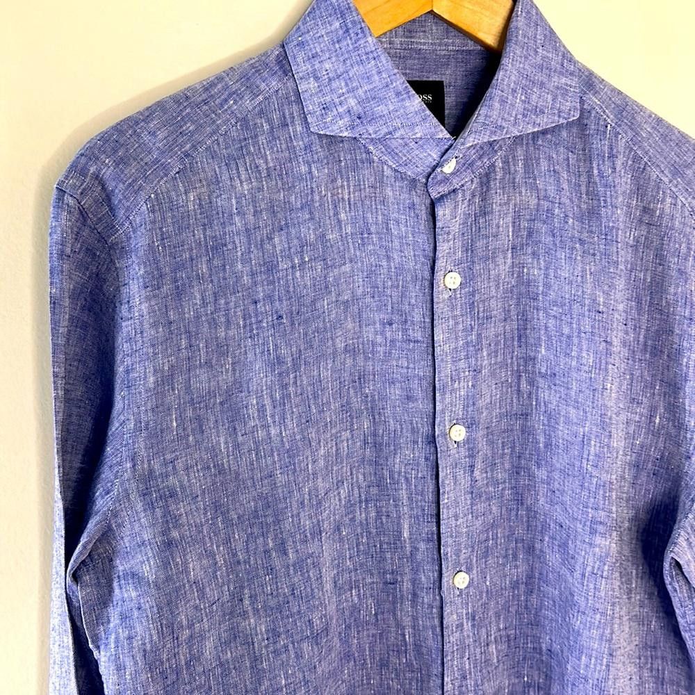 Hugo Boss Slim fit Linen -BOSS Tailored -sz 15.5- Blue w/white Heather Size 38R - 1 Thumbnail