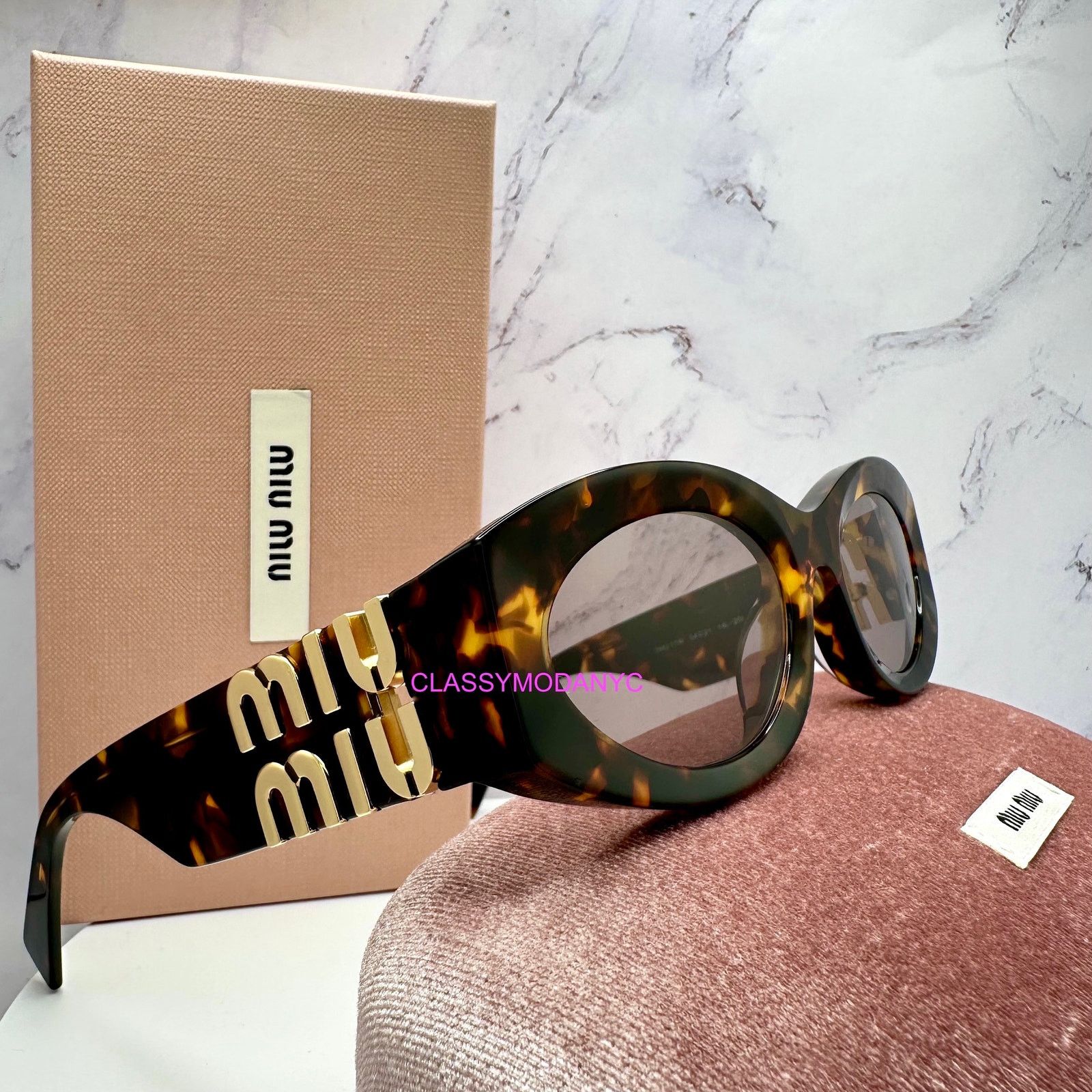 Miu Miu New MIU MIU Sunglasses Brown Tortoise Shell Oval Gold Logo Size ONE SIZE - 7 Thumbnail
