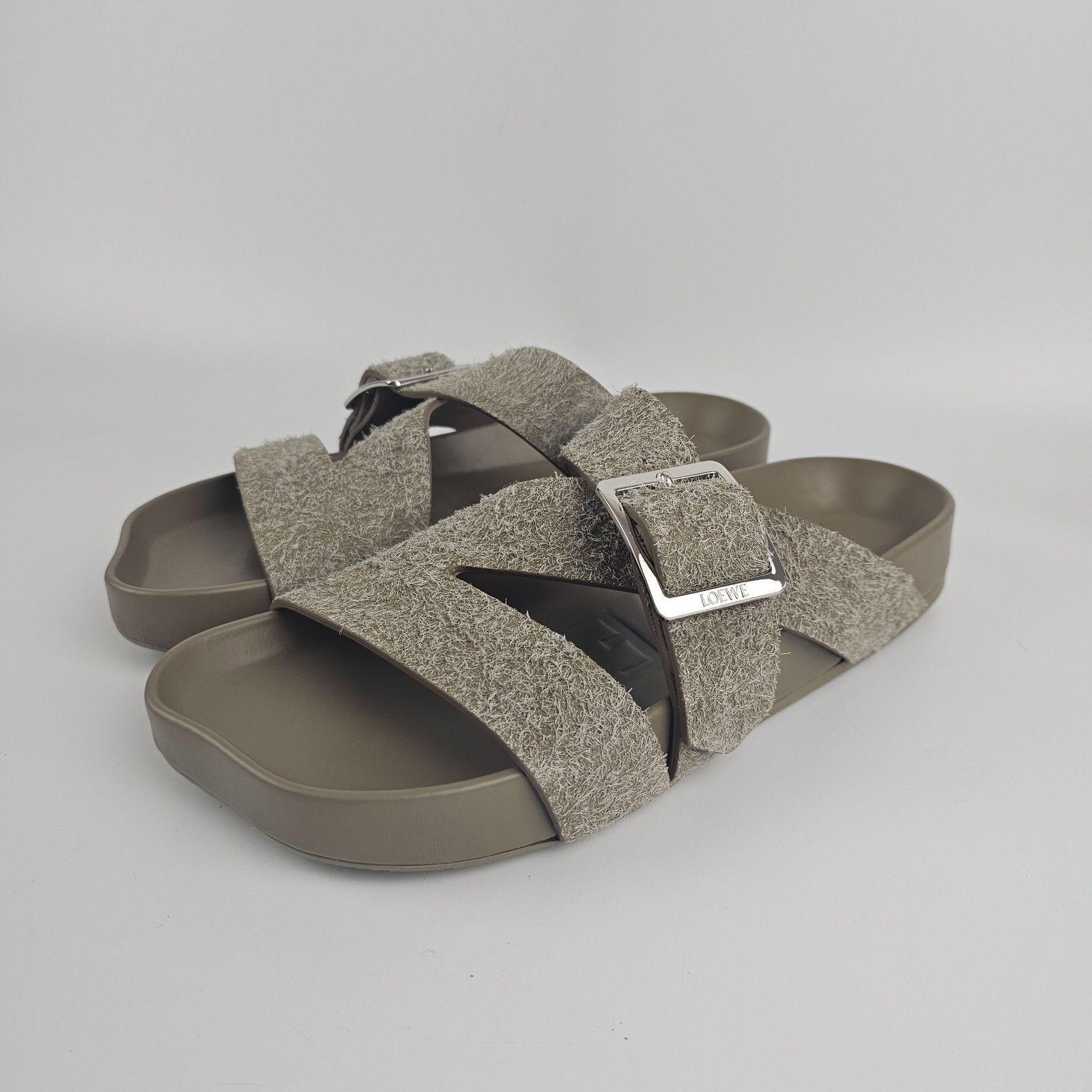 LOEWE $990 Khaki Green Suede Slide Sandals New & Authentic (
