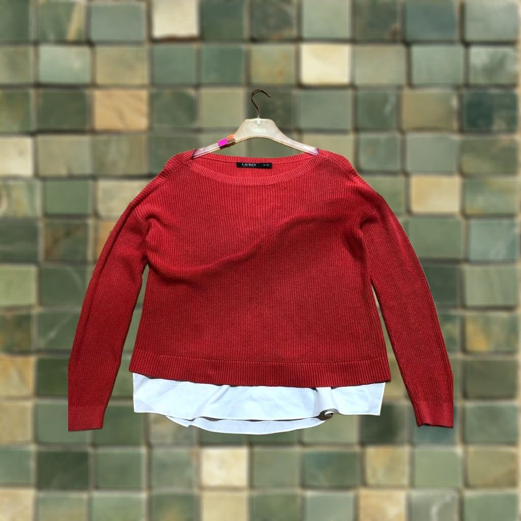 Lauren Ralph Lauren Sweater Womens M Red Knit Logo Cardigan Casual 90s Distressed Faded