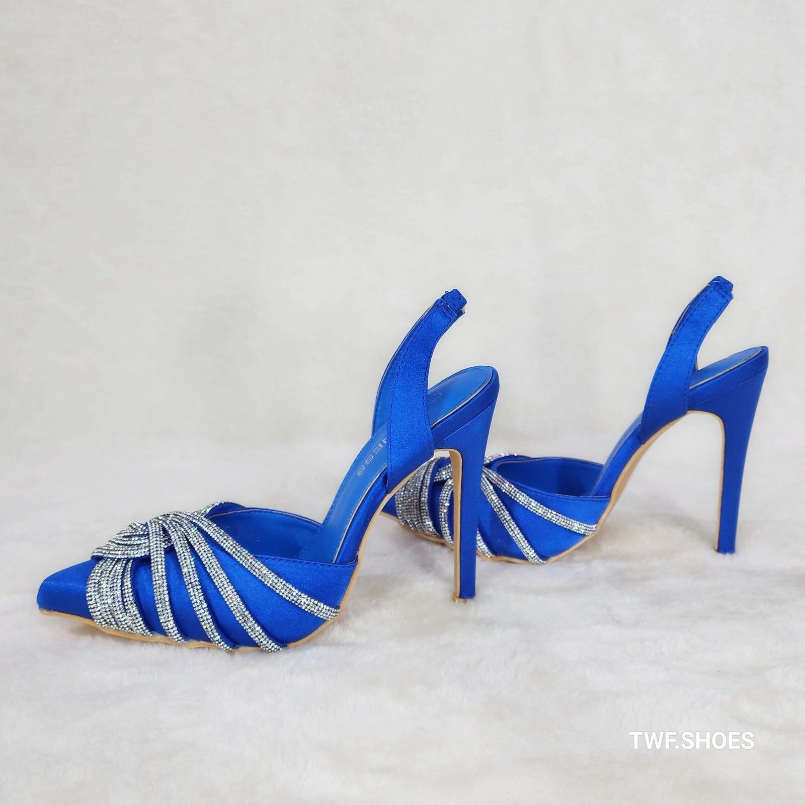 Other Elegance Slip on Slingback Blue Satin Rhinestone Pointy Toe Size US 6 / IT 36 - 5 Thumbnail