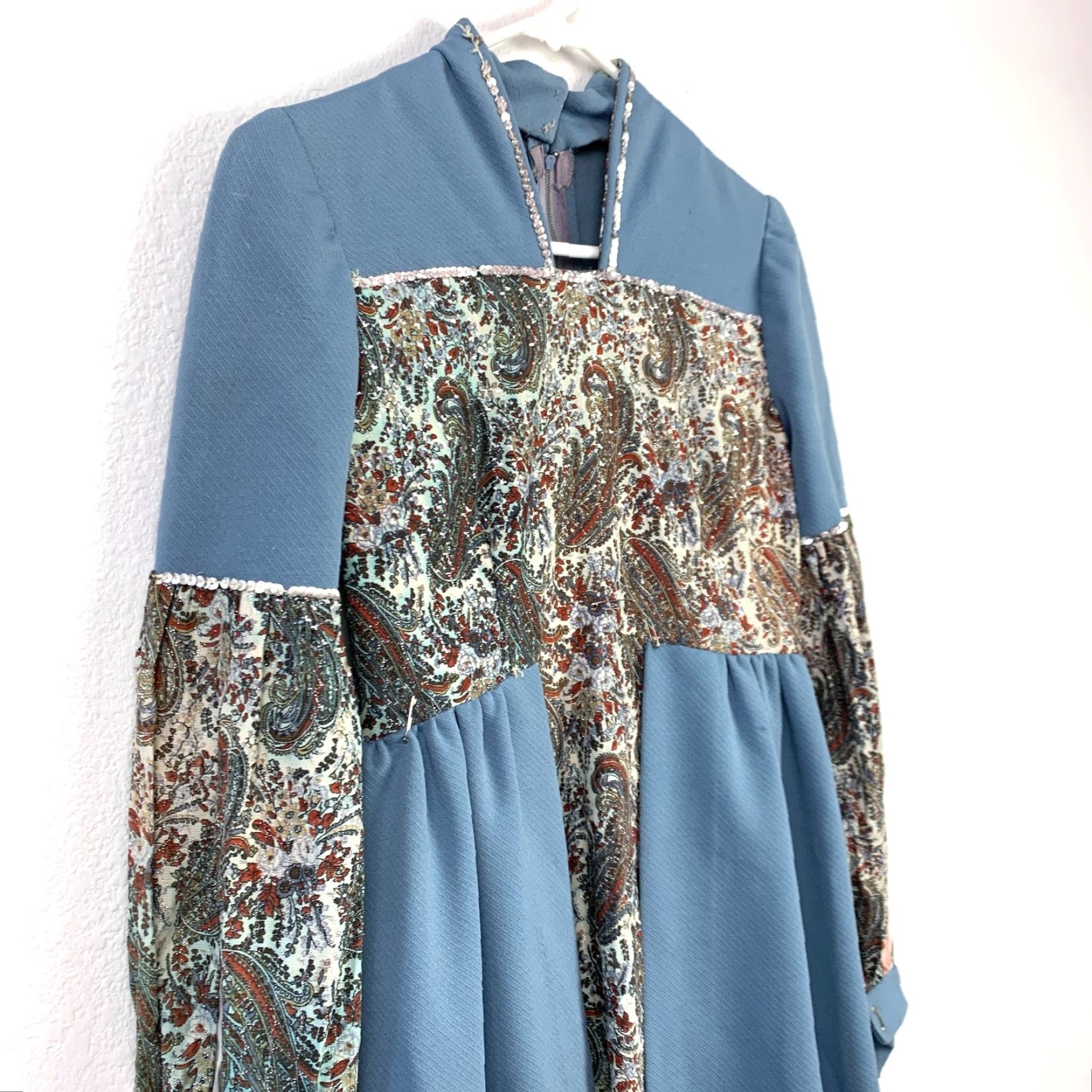Vintage VINTAGE Handmade Blue Prairiecore Dress Empire Waist 1960s 31.5" Chest Casual Uncompleted Project Mens Women? (Stop) Size 4XL / US 24-26 - 2 Thumbnail