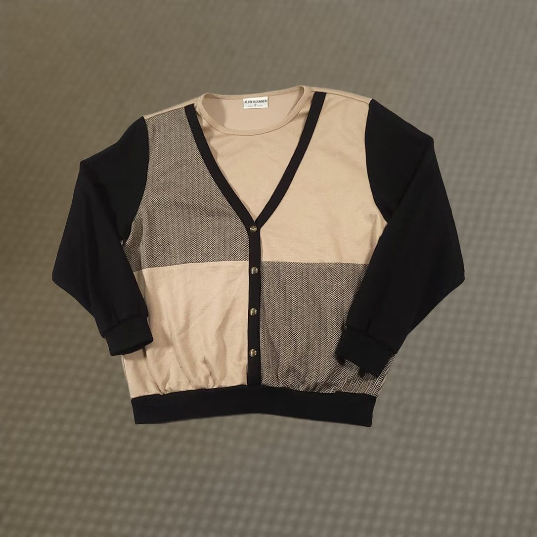 Vintage VINTAGE Alfred Dunner Sweater Cardigan Womens Large Beige Black Herringbone Twofer Made USA Size L / US 10 / IT 46 - 1 Thumbnail
