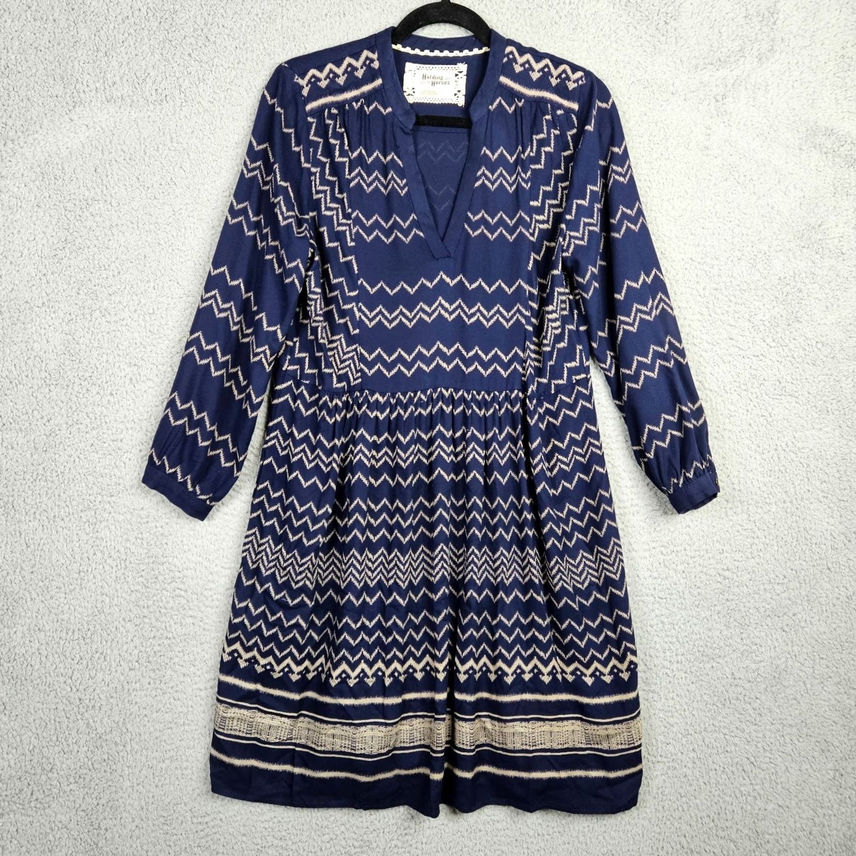 Vintage Holding Horses Women's Navy blue Chevron Printed Long sleeve V-neck Dress S Size S / US 4 / IT 40 - 2 Thumbnail