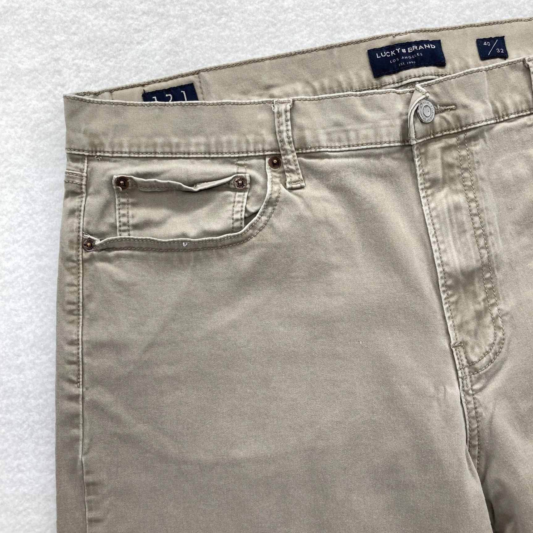Lucky Brand Lucky Brand 121 Slim Straight Pants Mens 40x32 Beige Khaki Chino Casual Stretch Cotton Spandex Flat Front Pockets Zip Fly Leather Back Patch Mens Size US 40 / EU 56 - 3 Thumbnail