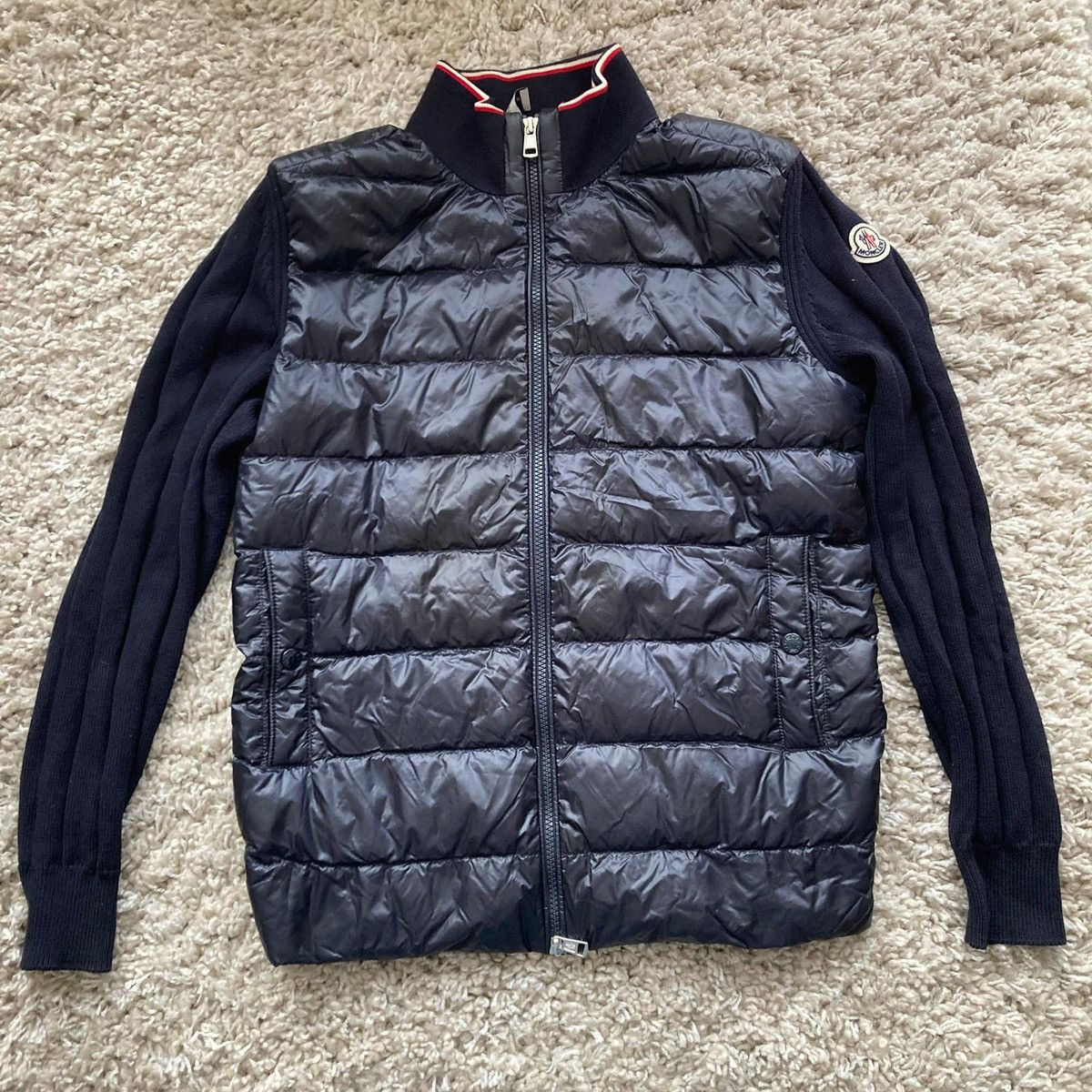 Moncler navy tricot bomber jacket wool knit knitwear size S