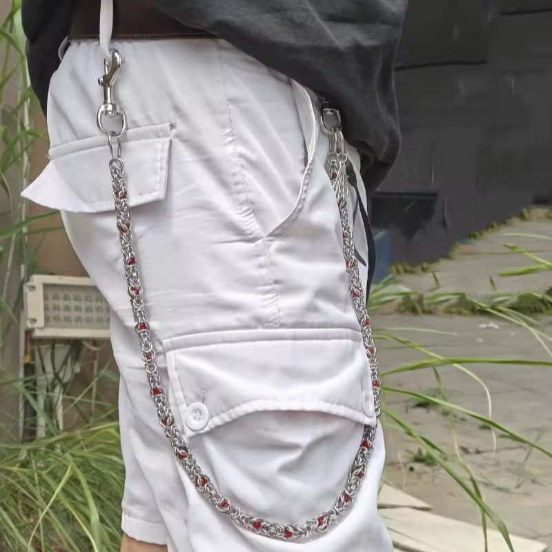 Jewelry Punk Stainless Steel Red Beads Pants Chain Size ONE SIZE - 2 Thumbnail