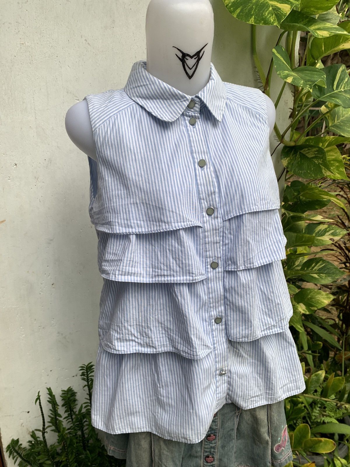 Japanese Brand Line Striped Layered Sleeveless Button Blouse Top Size M / US 6-8 / IT 42-44 - 2 Thumbnail