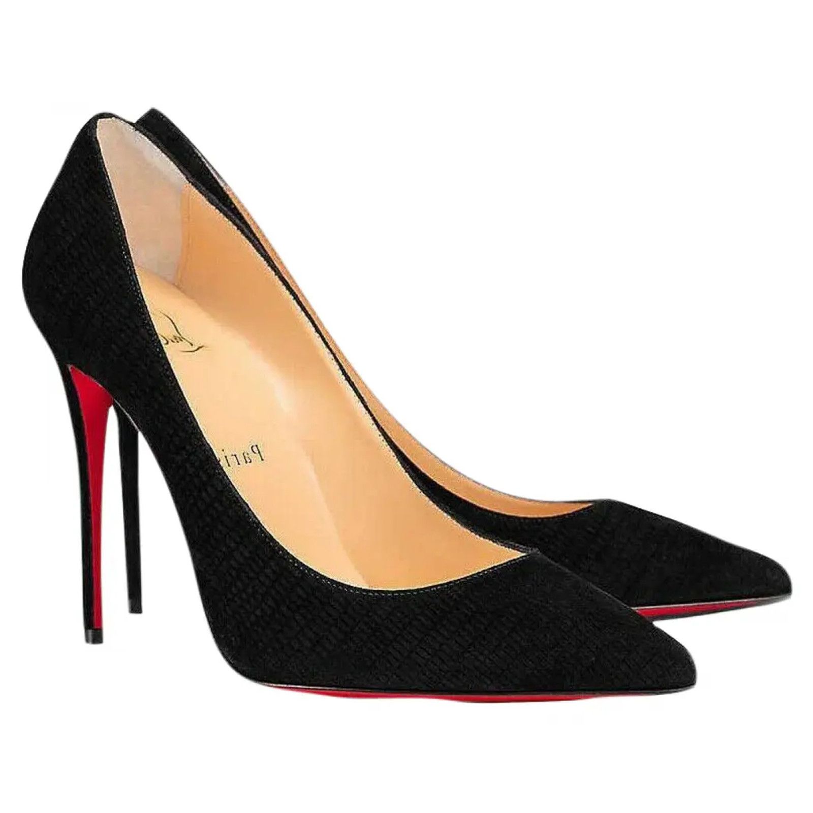 Christian Louboutin Kate 100 Black Suede Guana Classic Pointed Toe Heel Pump 37 Size US 7 / IT 37 - 3 Thumbnail