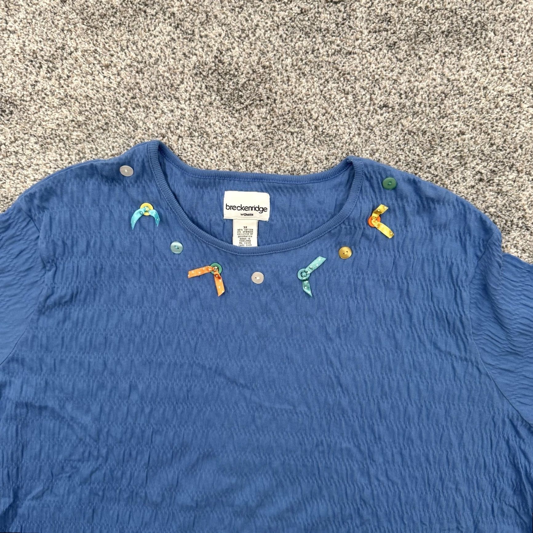 VINTAGE Breckenridge 3X Womens Top Beaded Embellished Textured Grandmacore Comfortable Blouse Shirt Blue 90s Colorful Womens