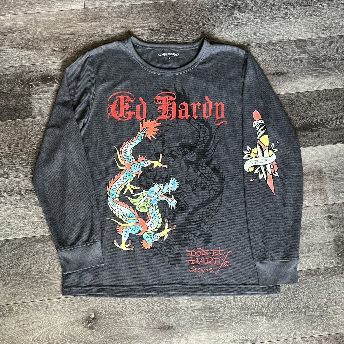 Ed Hardy Vintage 2000s Ed Hardy Dragon Dagger Thermal Longsleeve Tee Size US L / EU 52-54 / 3 - 1 Thumbnail
