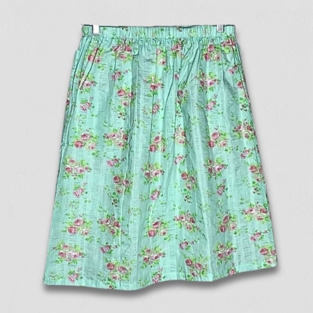 Vintage 90s Midi Skirt Boho Cottage Floral Cotton Green/Pink S/M Size 24" / US 00 / IT 34 - 2 Thumbnail