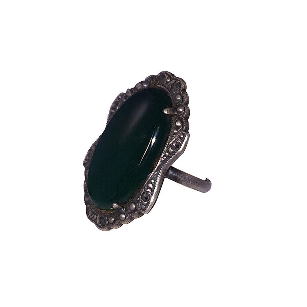 Designer Art Deco Sterling Oblong Green Chrysoprase & Marcasite Ring Size ONE SIZE - 3 Thumbnail
