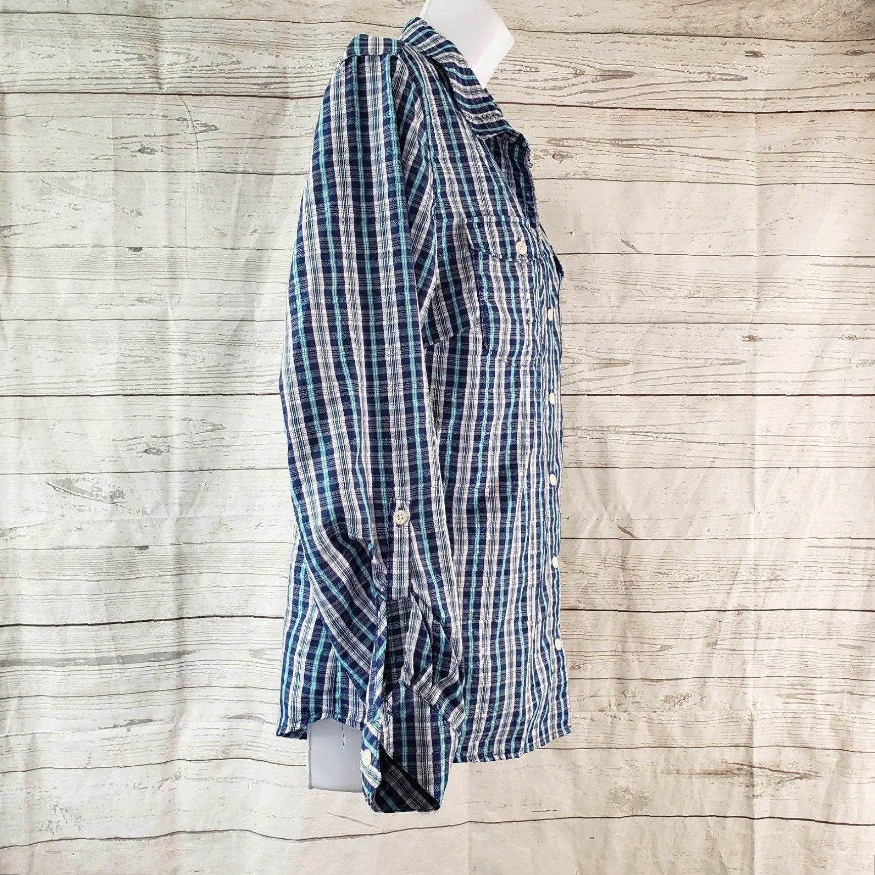 Eddie Bauer Eddie Bauer Women's Button-Front Shirt L Blue Plaid Nylon Blend Shirt, Casual, Long Sleeve, Collared, Regular, Colorful Pattern, Womens Size L / US 10 / IT 46 - 3 Thumbnail
