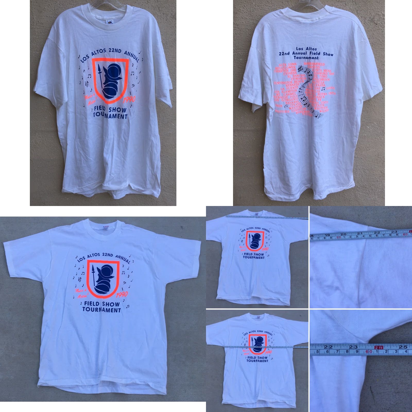 Fruit Of The Loom VINTAGE Los Altos 22nd Annual Field Show Tournament T-Shirt Music In Motion 1990 2XL White Mens Graphic Tee 1990s Fruits of the Loom Size US XXL / EU 58 / 5 - 8 Thumbnail