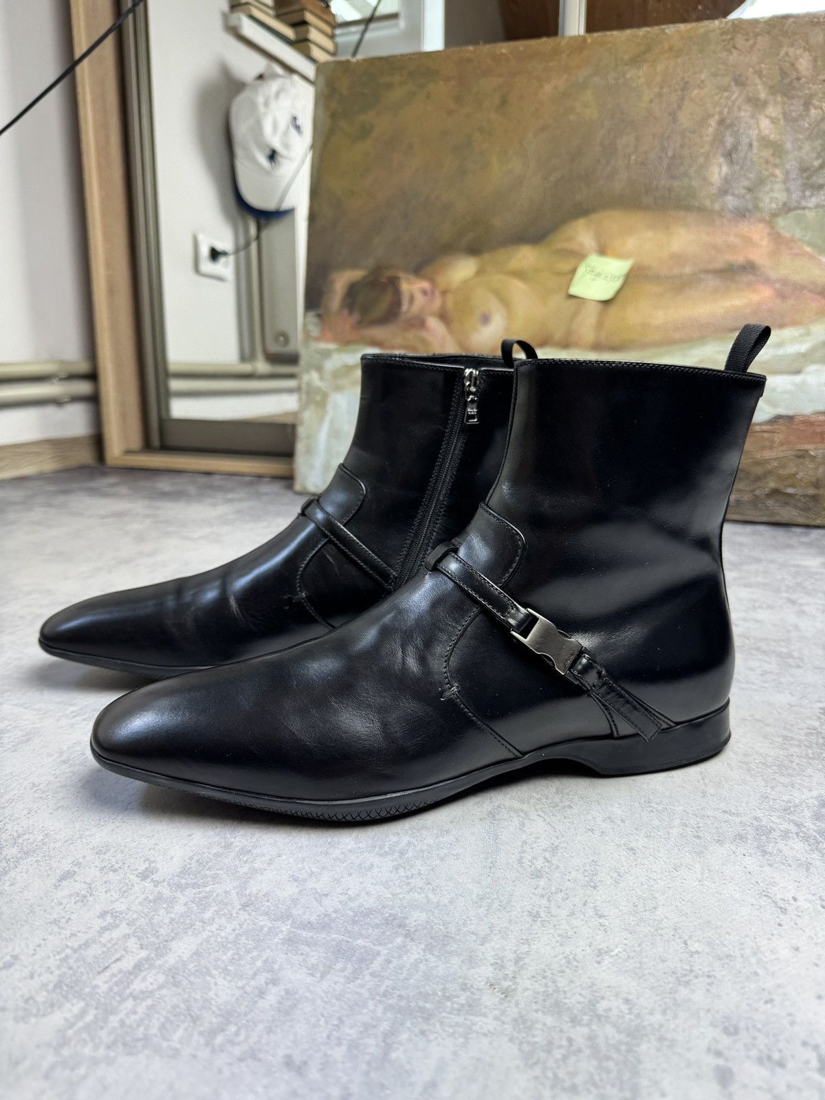 Archival Clothing x Italian Designers Prada Y2K Belt Leather Luxury Formal Boots Chelsea Shoes in Black (Size 9)