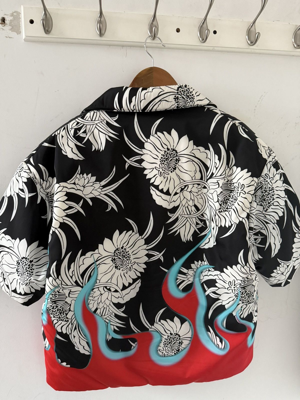 Prada oversized floral red flame nylon puffer shirt jacket