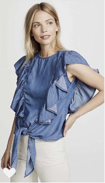 Frame FRAME Knot Ruffled Tie Chambray Denim Flutter Top xs Size XS / US 0-2 / IT 36-38 - 1 Thumbnail