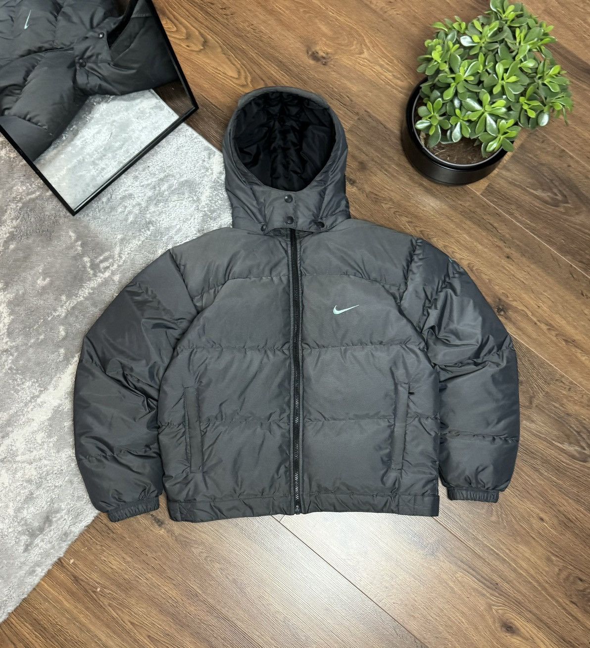 90s Nike Vintage Down Hooded Jacket Mini Swoosh Drill Y2K