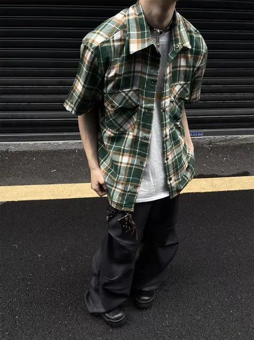 Japanese Brand Haseki x Hada Green Plaid Loose Casual Plaid Shirt Size US M / EU 48-50 / 2 - 2 Thumbnail