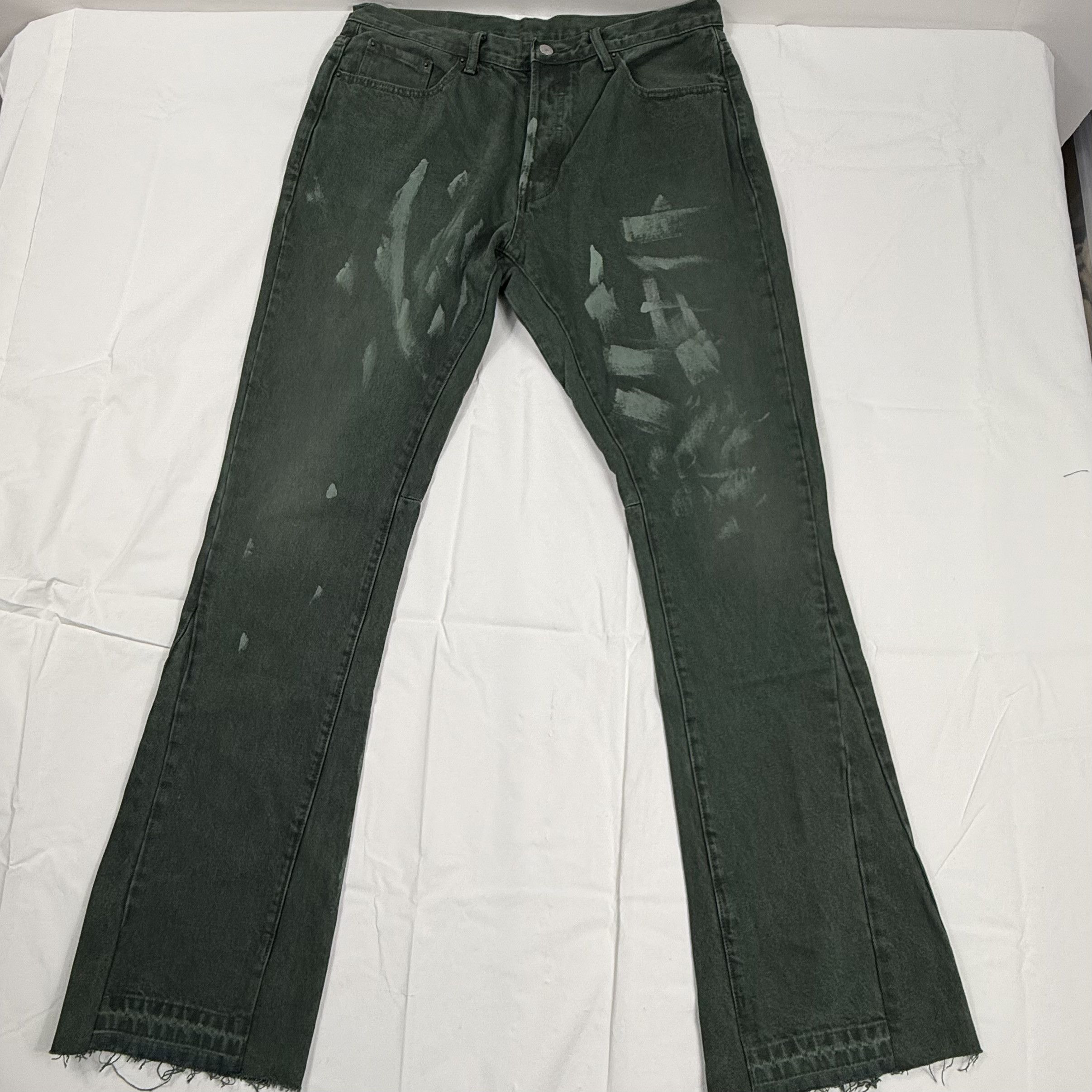 MNML Mnml Mens Green Painted Distressed Raw Hem Jeans Size 34 Size US 34 / EU 50 - 2 Thumbnail