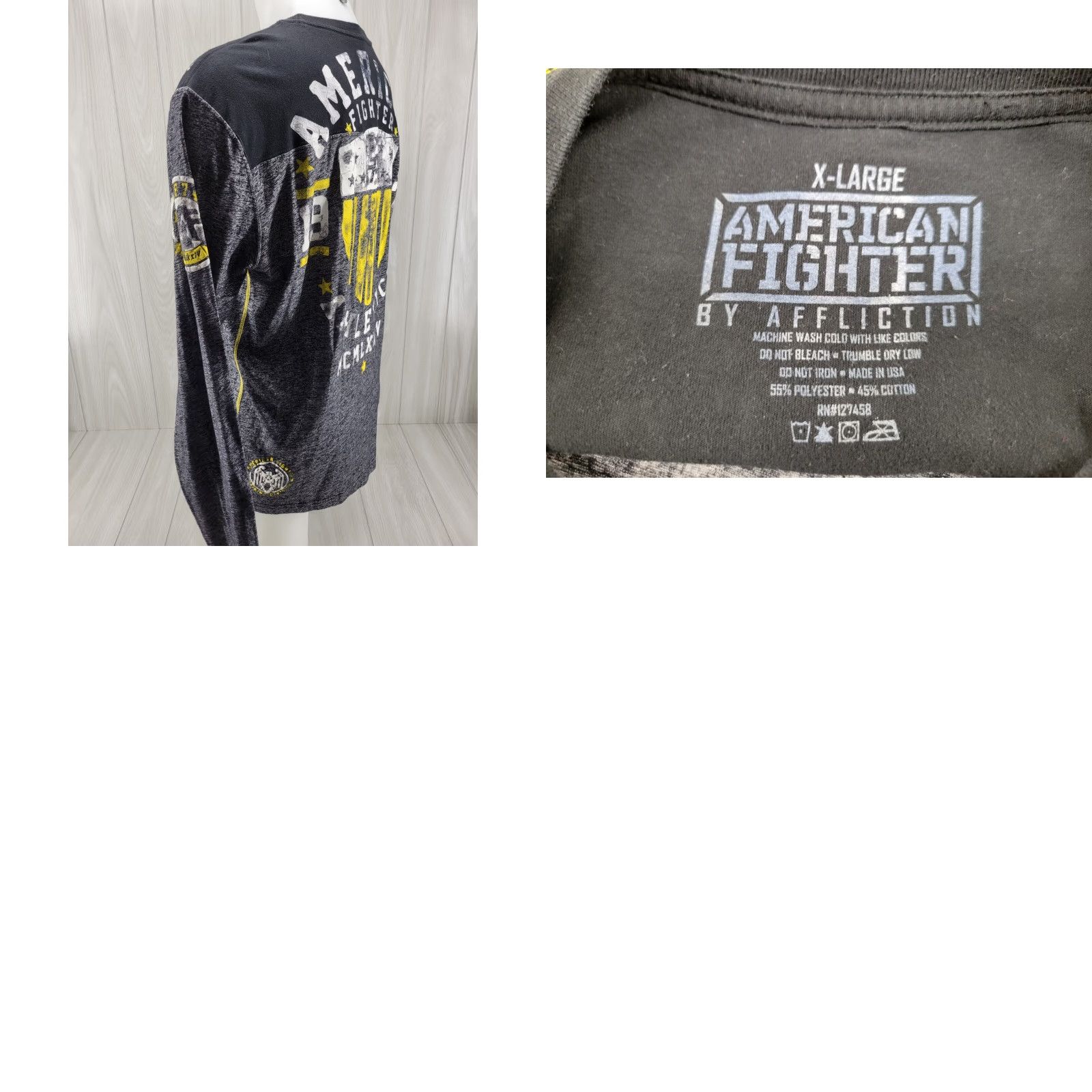 Vintage American Fighter Shirt Long Sleeve Mens XL Gray Yellow MMA Y2kXS? Size US XL / EU 56 / 4 - 8 Thumbnail