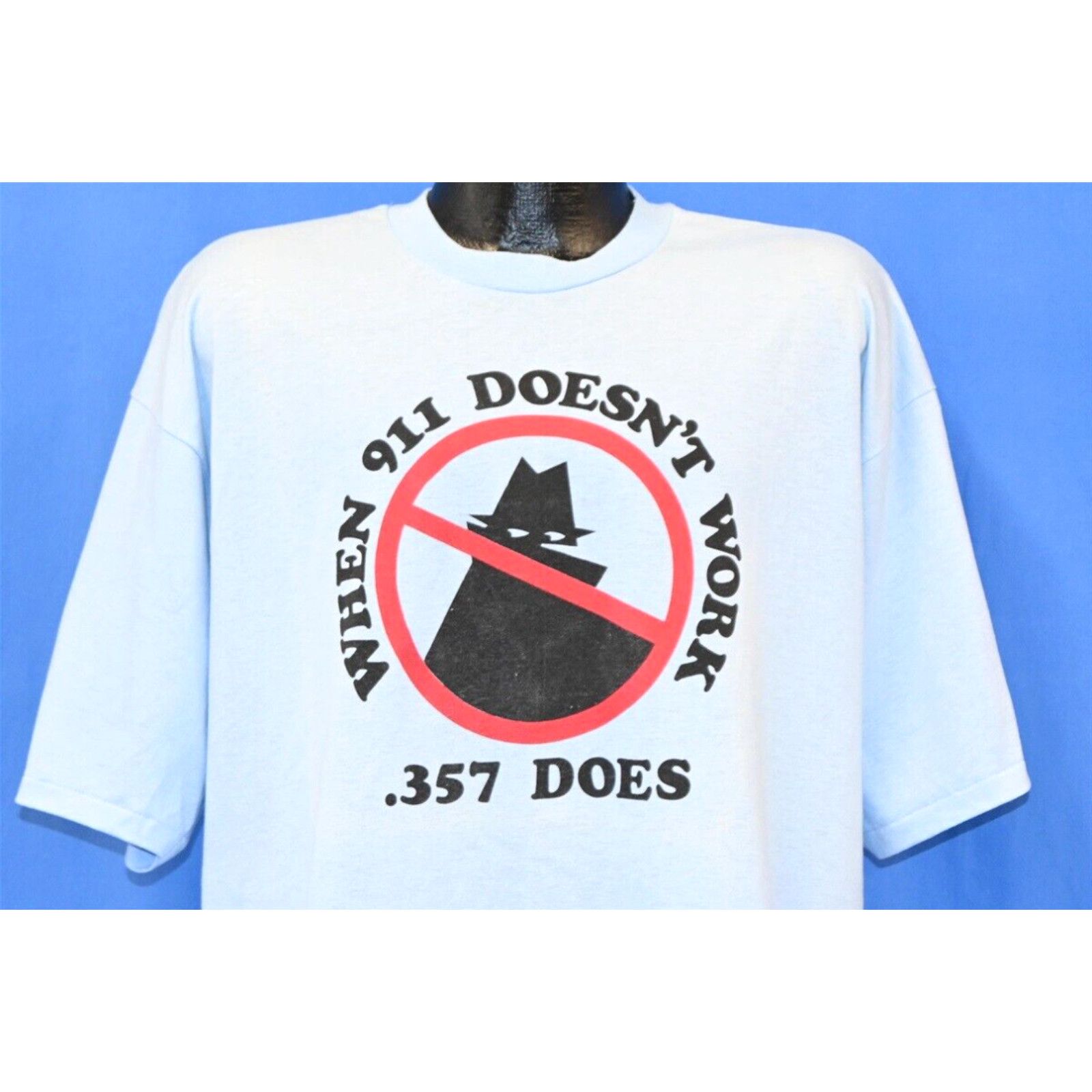 image of Hanes Vintage 80's When 911 Doesn't Work .357 Does Neighborhood Watch Joke T-Shirt 2Xl in White