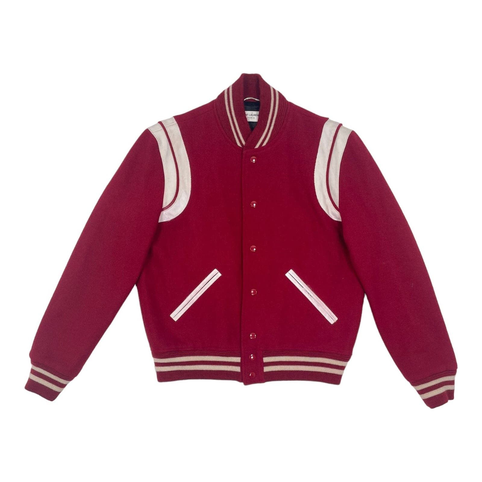 Image of Saint Laurent Paris Saint Laurent Teddy Varsity Jacket Burgundy White Pre-Owned, Men's (Size Small)