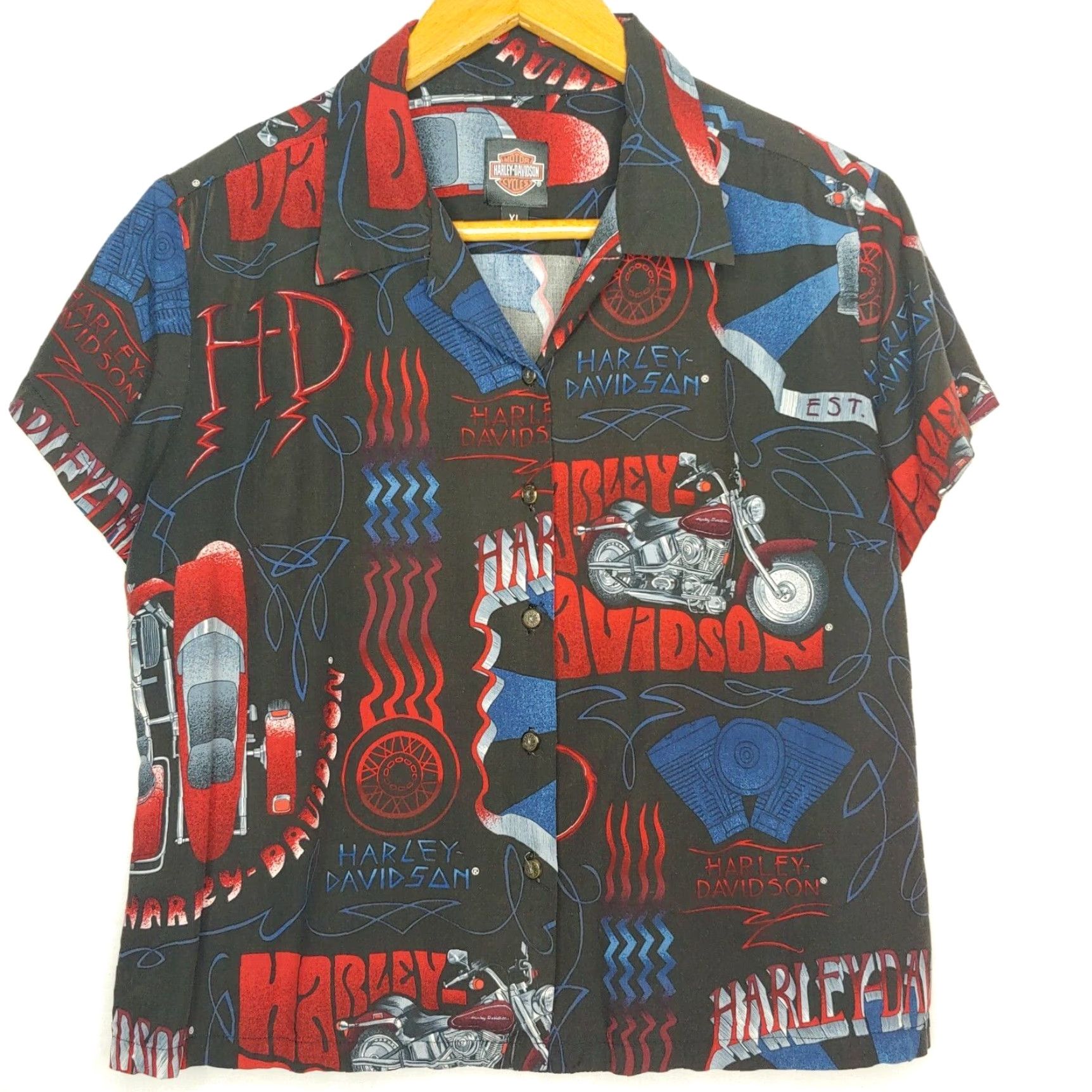 Harley Davidson Harley-Davidson Shirt Women L Black Multicolor Tori Richard for Harley-Davidson Blouse Casual Short Sleeve Biker Motorcycle Size L / US 10 / IT 46 - 2 Thumbnail