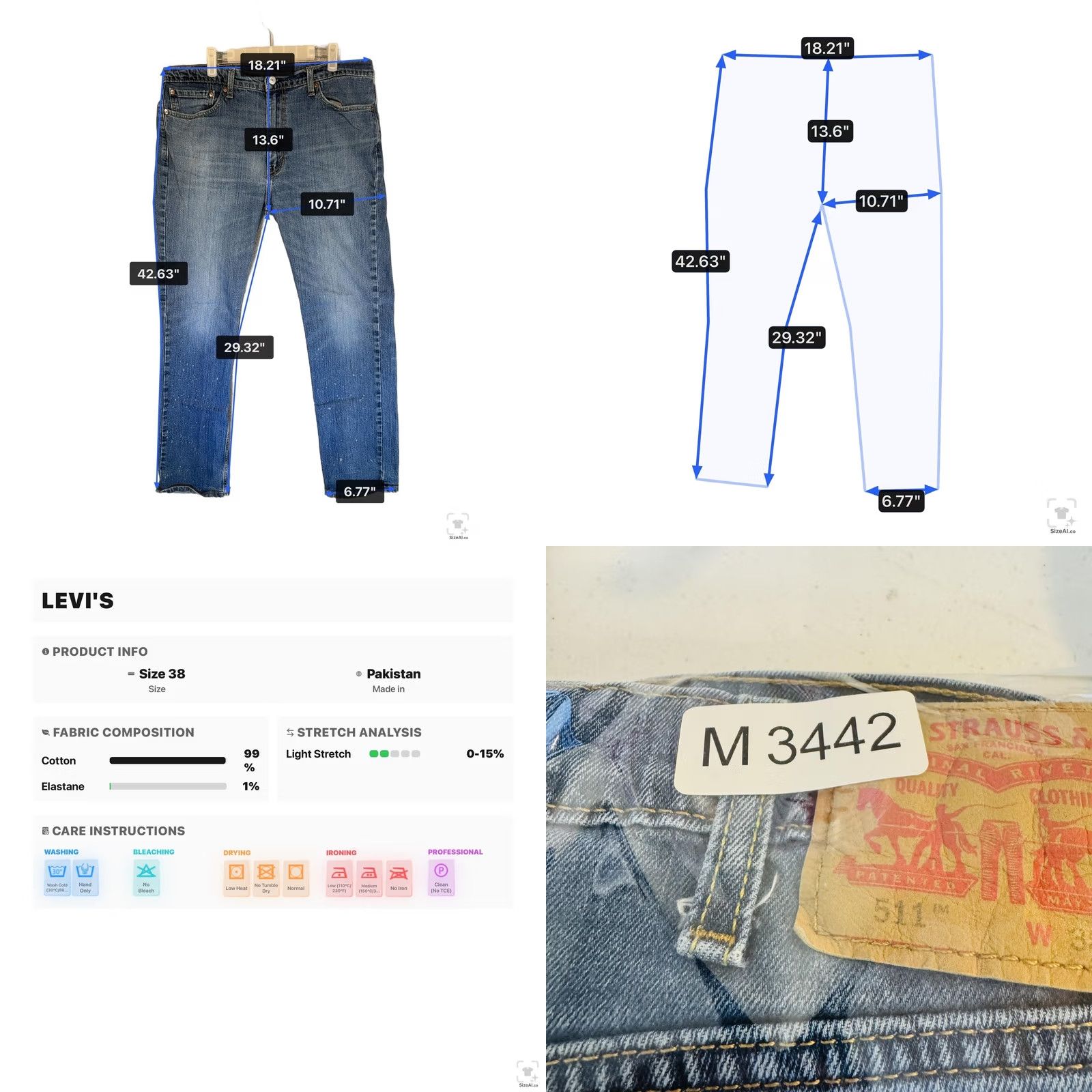 Levi's Levi's 511 Jeans Mens 38x30 Slim Tapered Light Blue Denim Zip Fly, 5-Pocket Logo Patch, Regular Fit, Cotton Elastodiene, Blue Light Wash, 511 Model Size US 38 / EU 54 - 10 Thumbnail