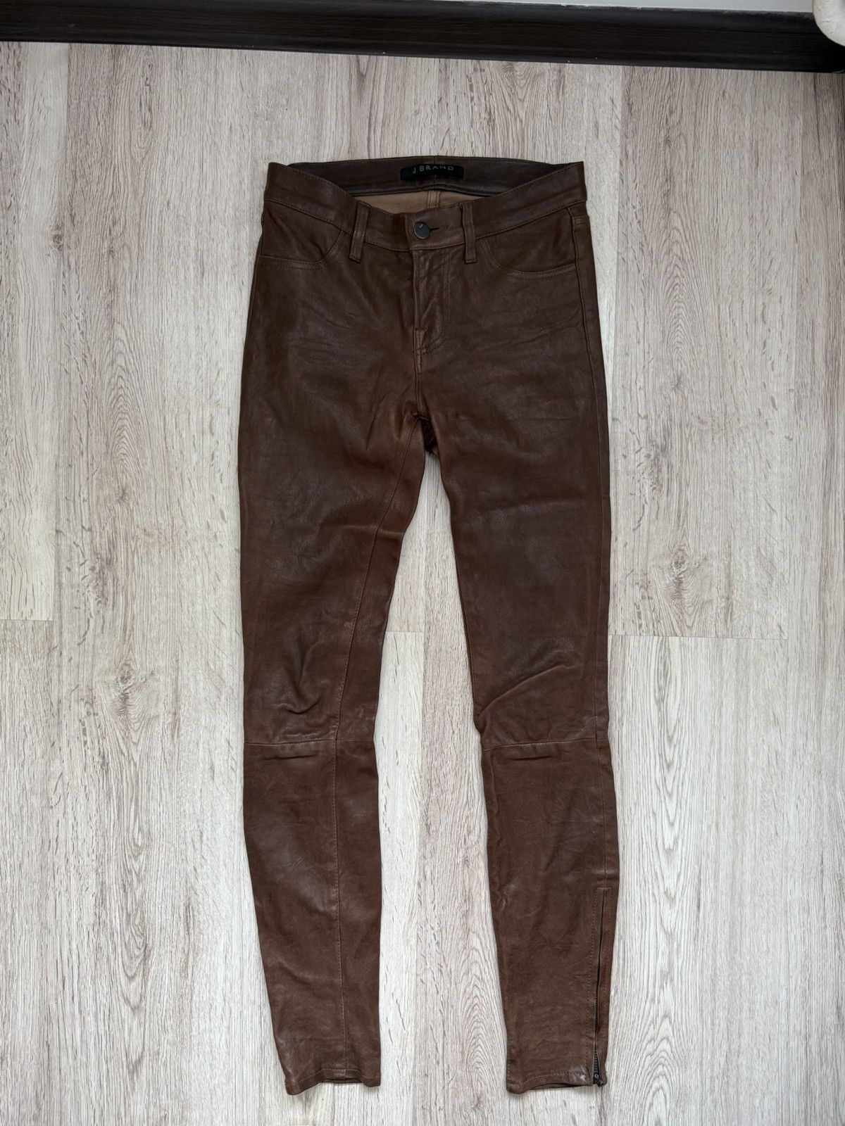 J Brand J Brand Brown Stretch Lamb Leather Zip Pants Size 25 Size 25" / US 0 / IT 36 - 1 Thumbnail